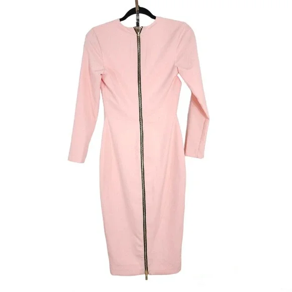 House of CB Womens Dress Dominique Baby Pink Full Zip Deep V Neck Bodycon Sz XS - Picture 2 of 12